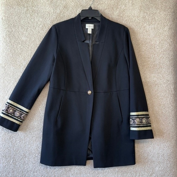 Chico's Black Blazer Jacket Size 8 Medium Gold Button Embroidered‎ Long - Picture 2 of 13